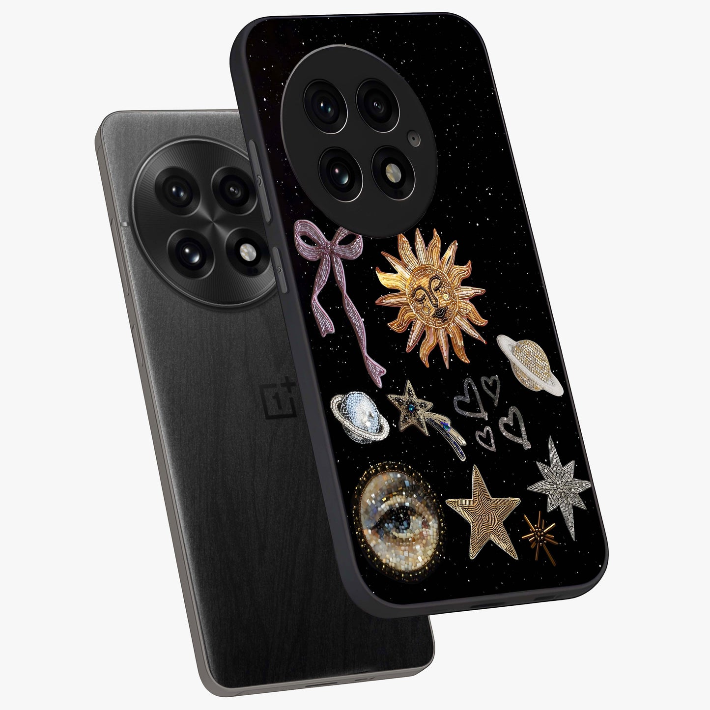 Galactic Sun Charm Glass Case for 1+13 angled mockup showcasing glossy finish and warm galaxy tones