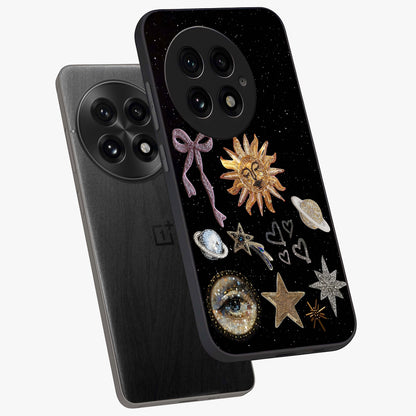 Galactic Sun Charm Glass Case for 1+13 angled mockup showcasing glossy finish and warm galaxy tones