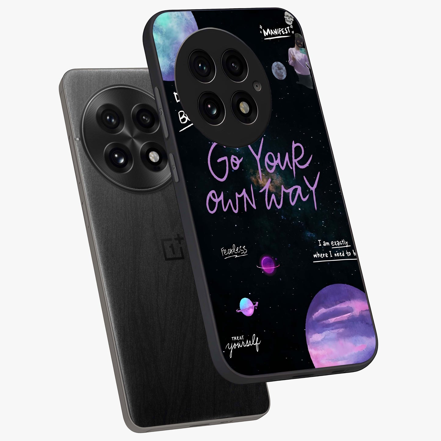 Galactic Vibes Universe Glass Case for 1+13 angled mockup showcasing glossy finish and deep space gradients