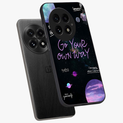 Galactic Vibes Universe Glass Case for 1+13 angled mockup showcasing glossy finish and deep space gradients
