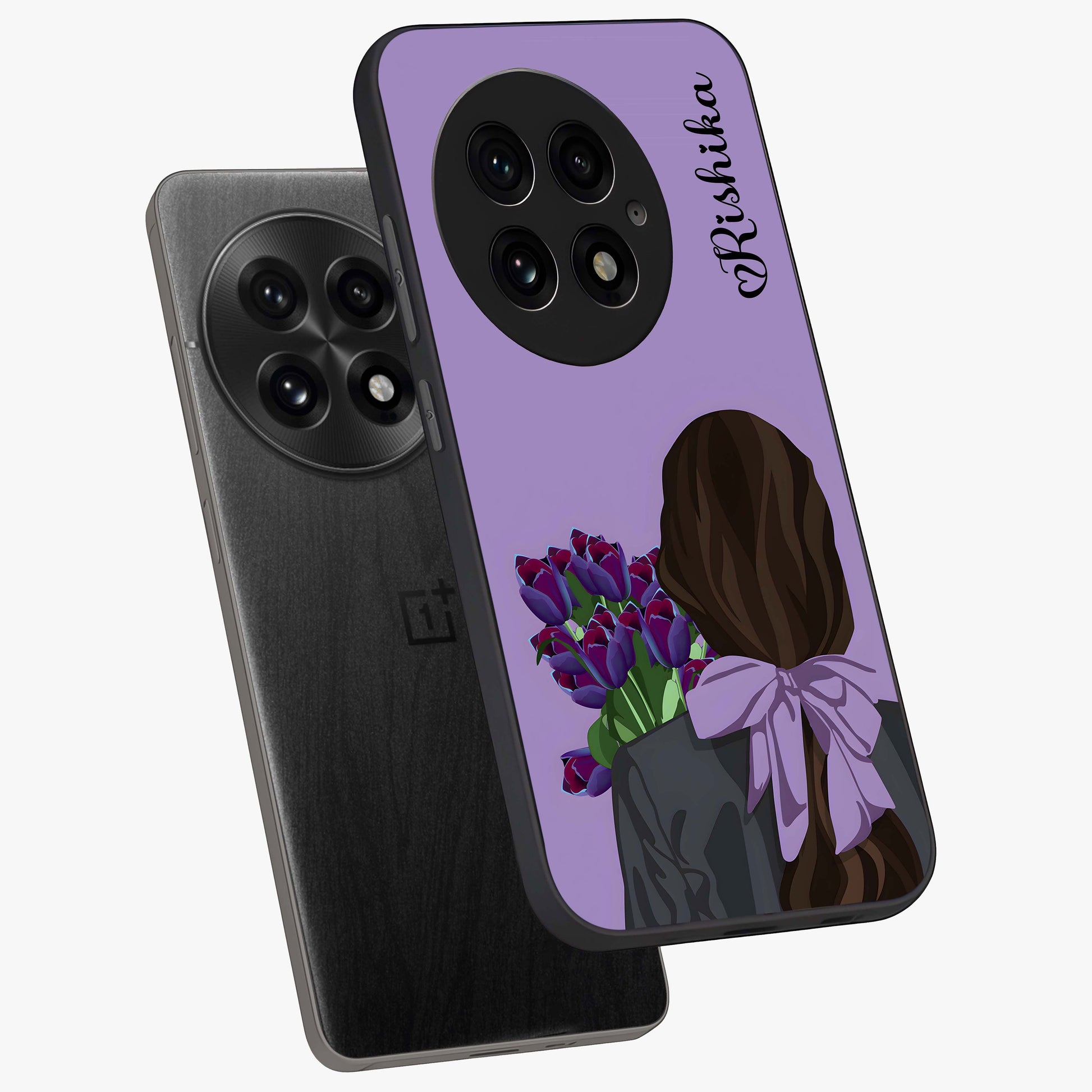 Girl Holding Flowers Glass Case for 1+13 angled mockup showcasing glossy finish and pastel bloom tones