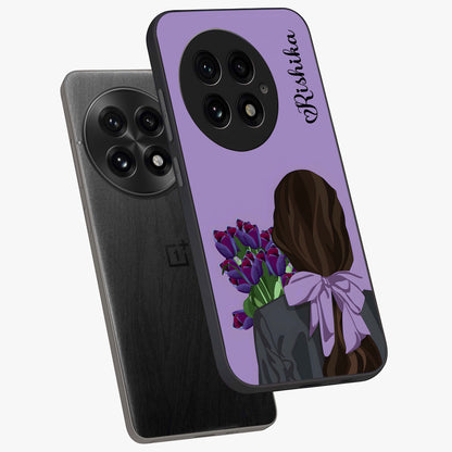 Girl Holding Flowers Glass Case for 1+13 angled mockup showcasing glossy finish and pastel bloom tones