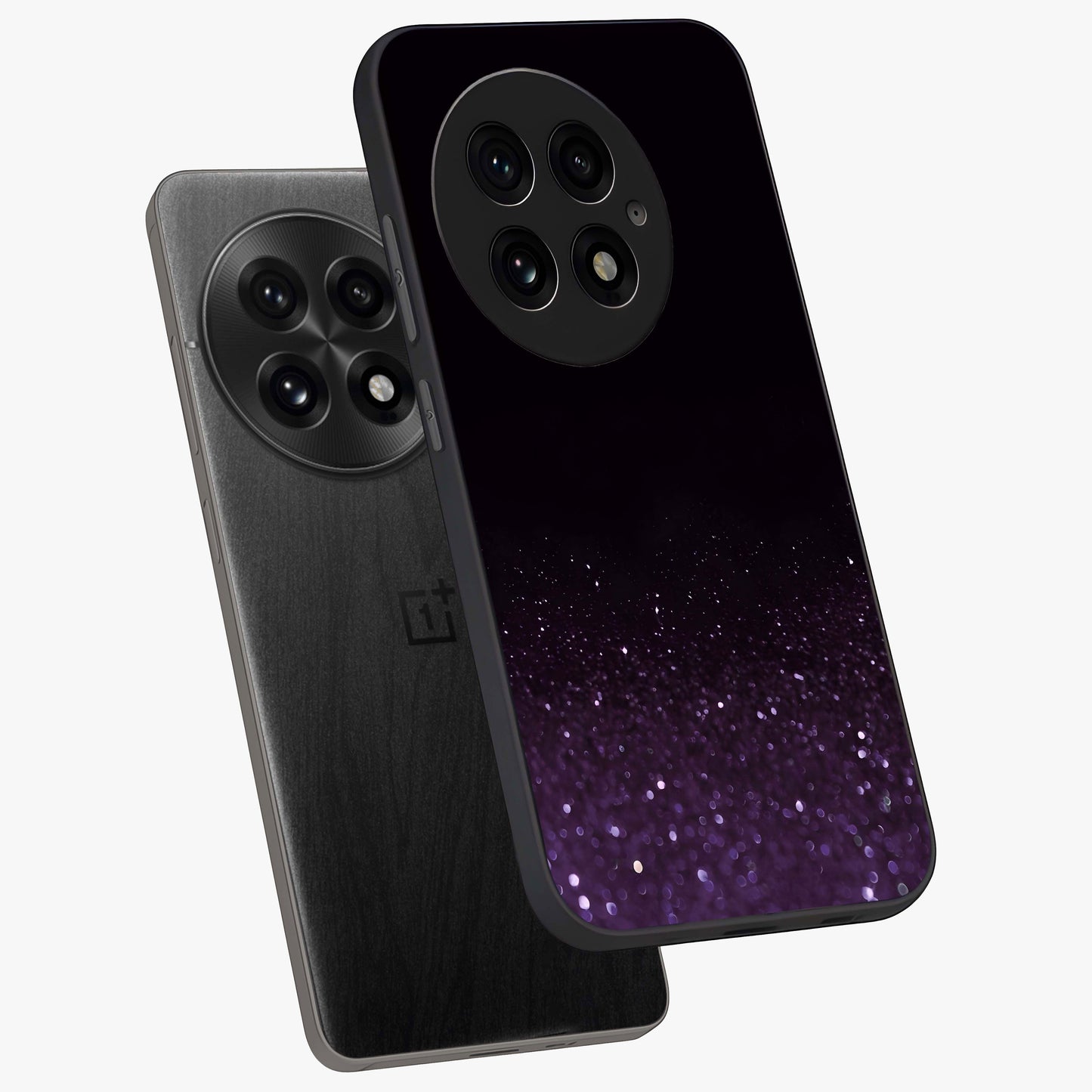 Glittery Purple Bokeh Glass Case for 1+13 angled mockup showcasing glossy finish and luminous shimmer tones