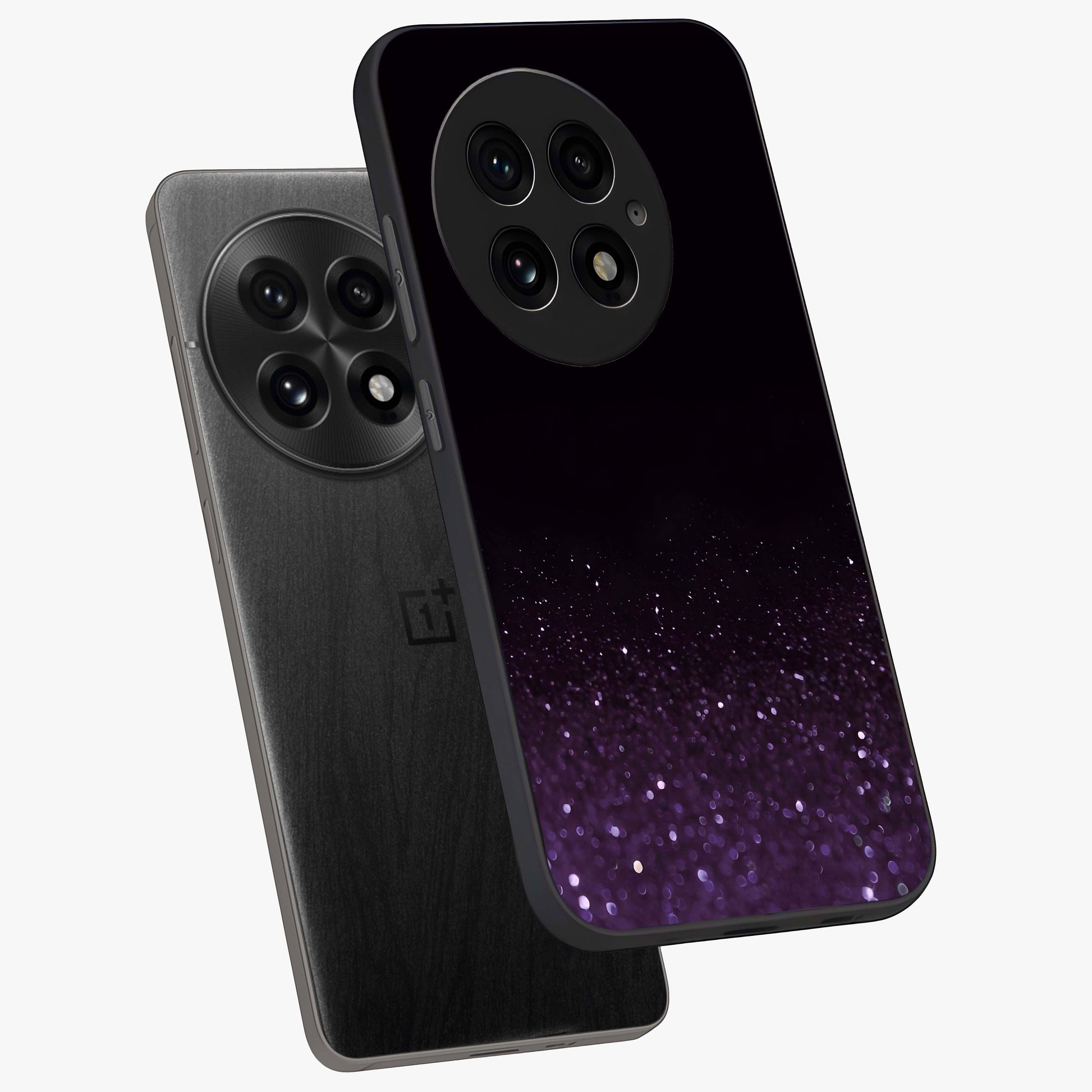 Glittery Purple Bokeh Glass Case for 1+13 angled mockup showcasing glossy finish and luminous shimmer tones