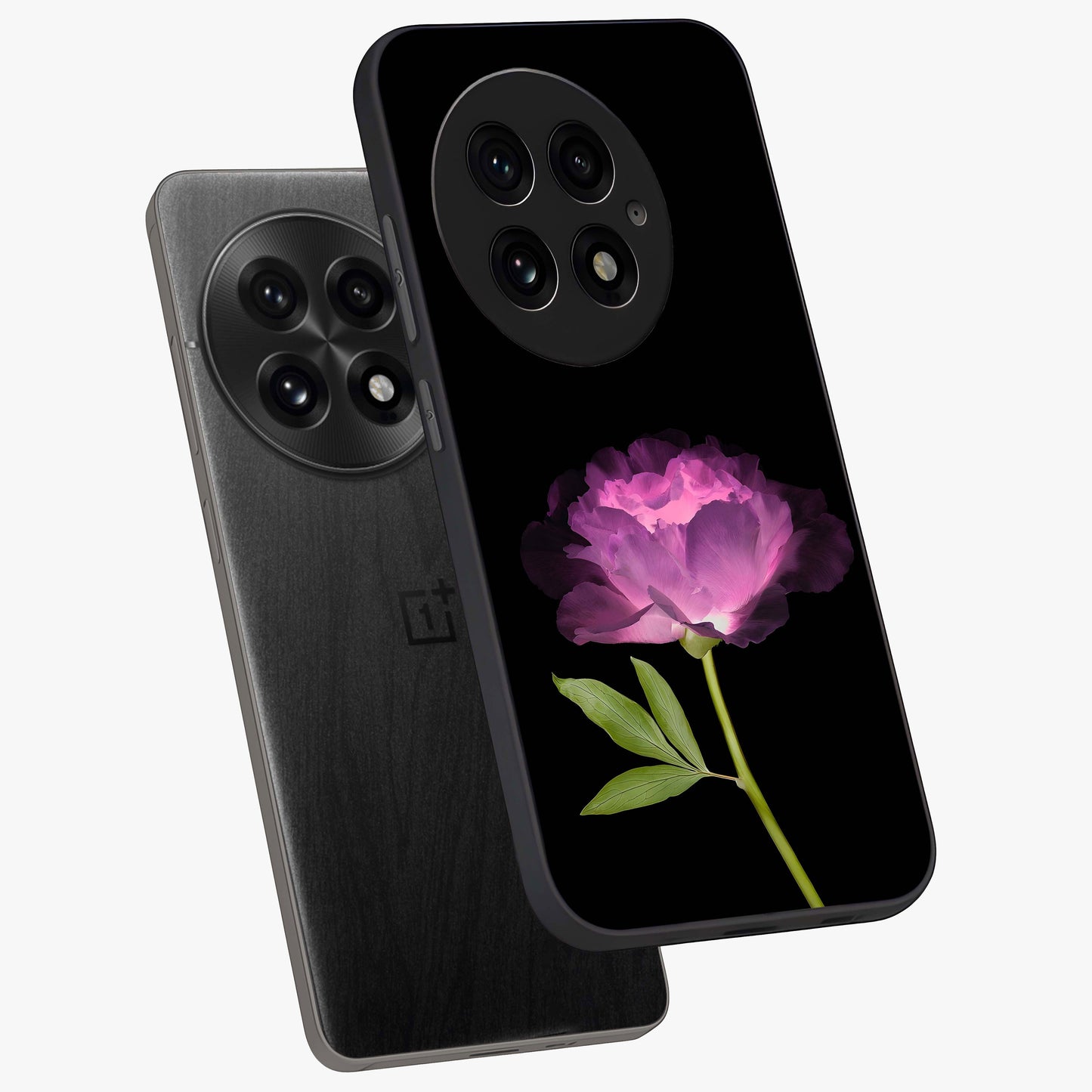 Glow Petal Bloom Glass Case for 1+13 angled mockup showcasing glossy finish and vibrant petal detailing