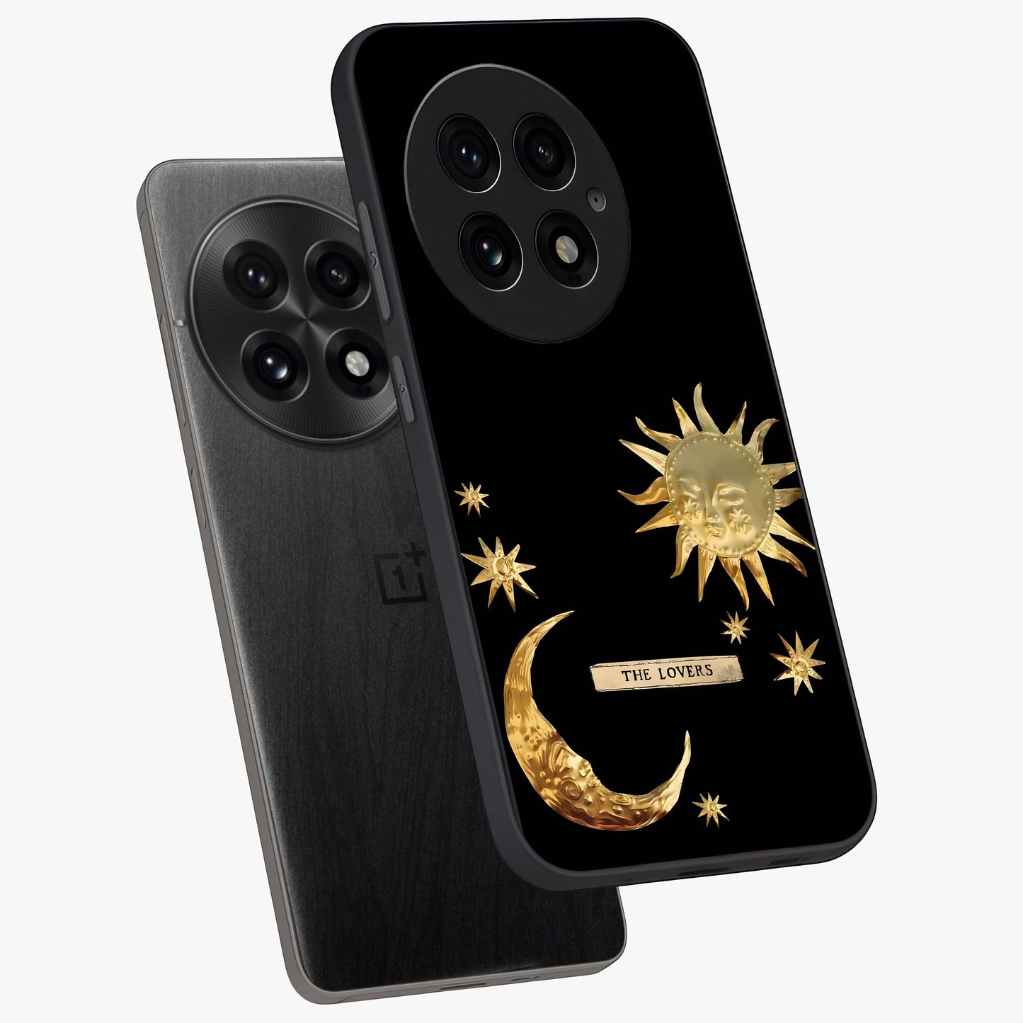 Golden Crescent Mood Glass Case for 1+13 angled mockup showcasing glossy finish and subtle night gradients