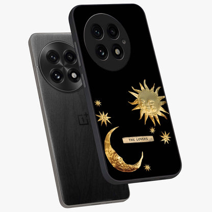 Golden Crescent Mood Glass Case for 1+13 angled mockup showcasing glossy finish and subtle night gradients