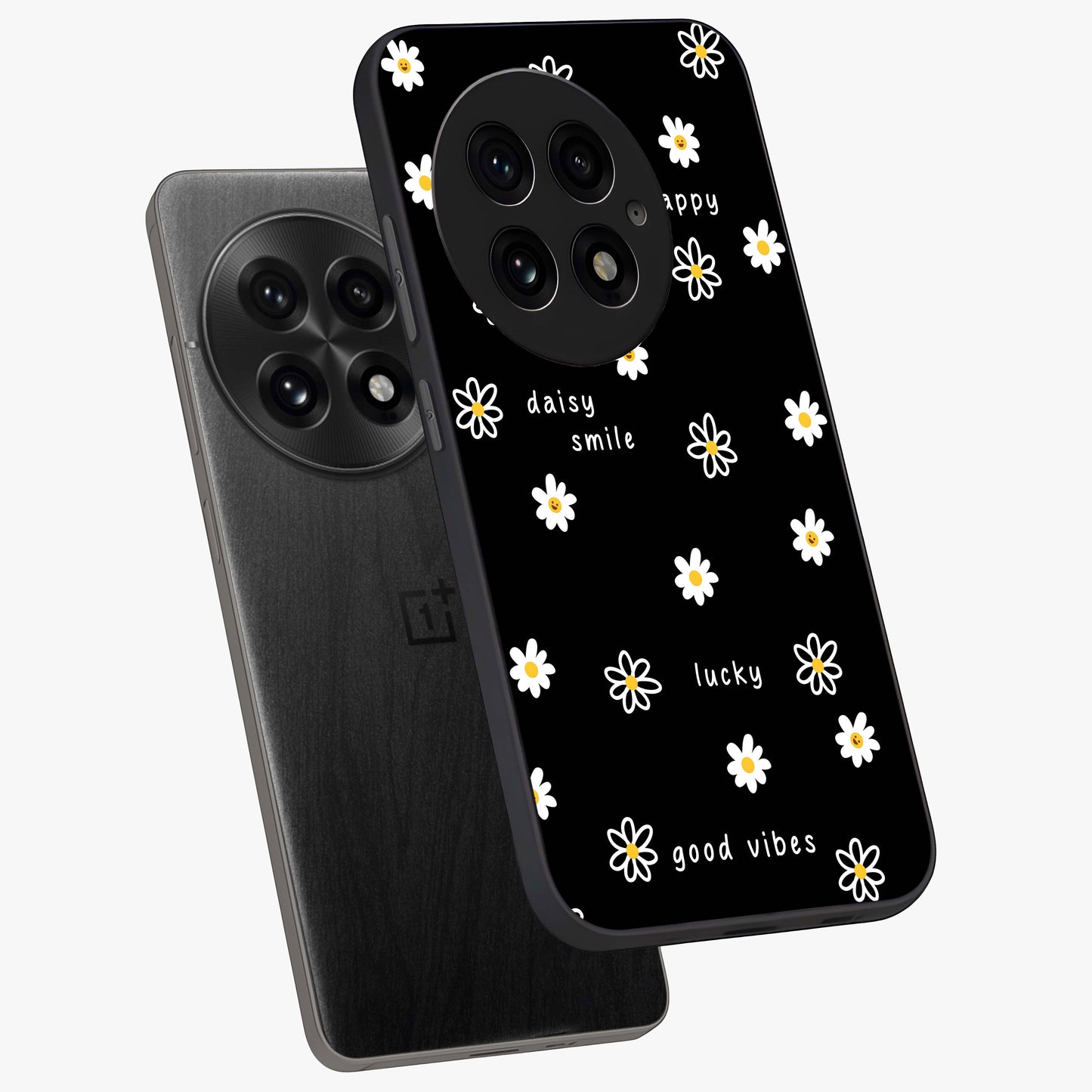 Good Vibes Daisy Black Pattern Glass Case for 1+13 angled mockup showcasing glossy finish and bold floral contrast