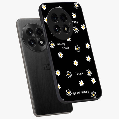 Good Vibes Daisy Black Pattern Glass Case for 1+13 angled mockup showcasing glossy finish and bold floral contrast