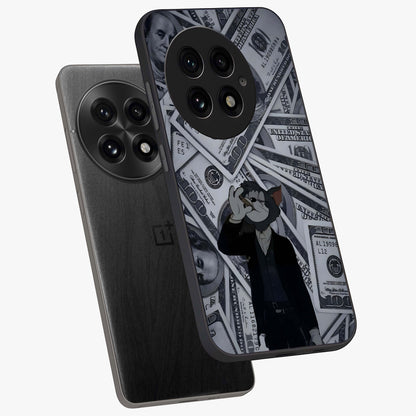 Greedy Fortune Cat Glass Case for 1+13 angled mockup showcasing glossy finish and vibrant character detailing