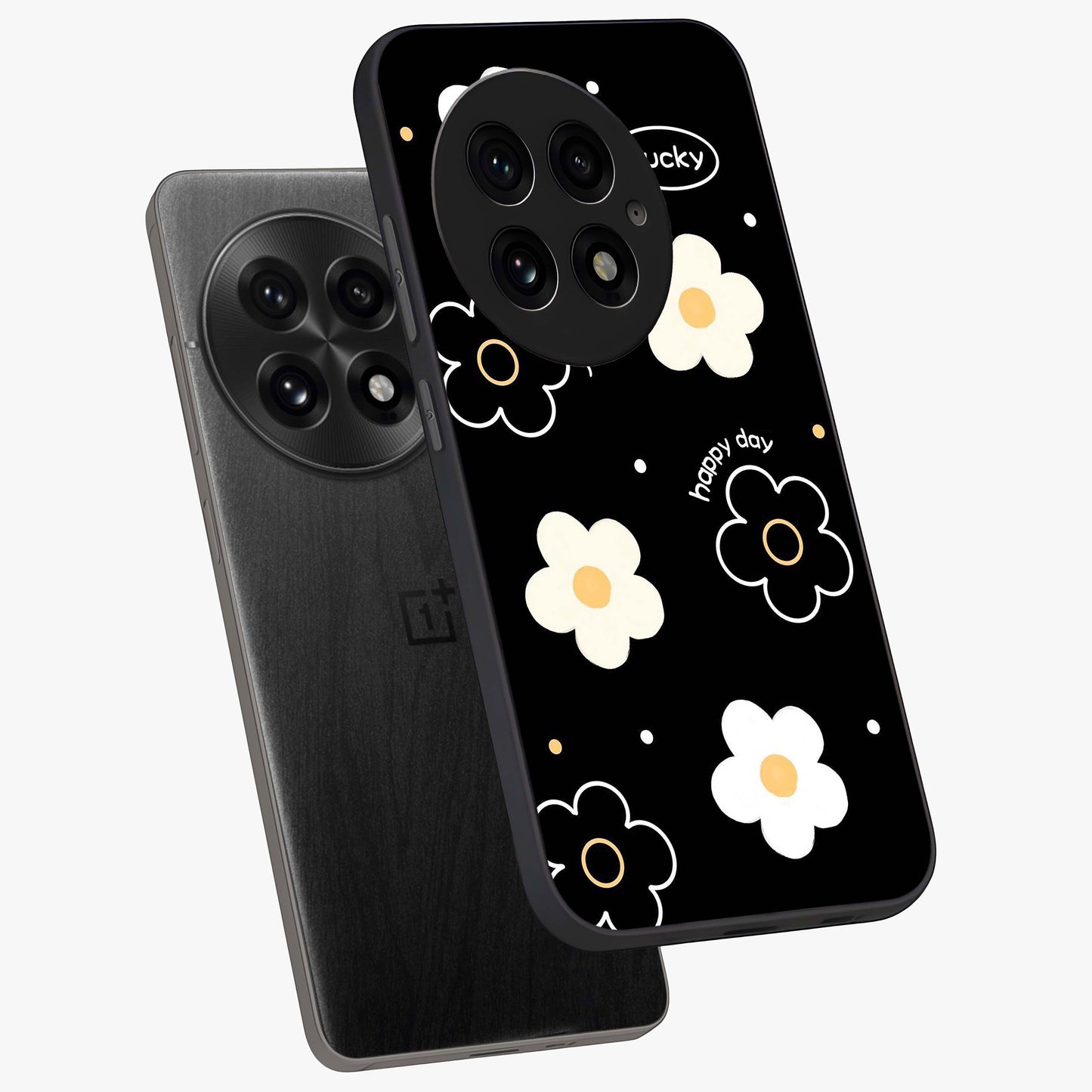 Happy Day Daisy Glass Case for 1+13 angled mockup showcasing glossy finish and vibrant bloom tones