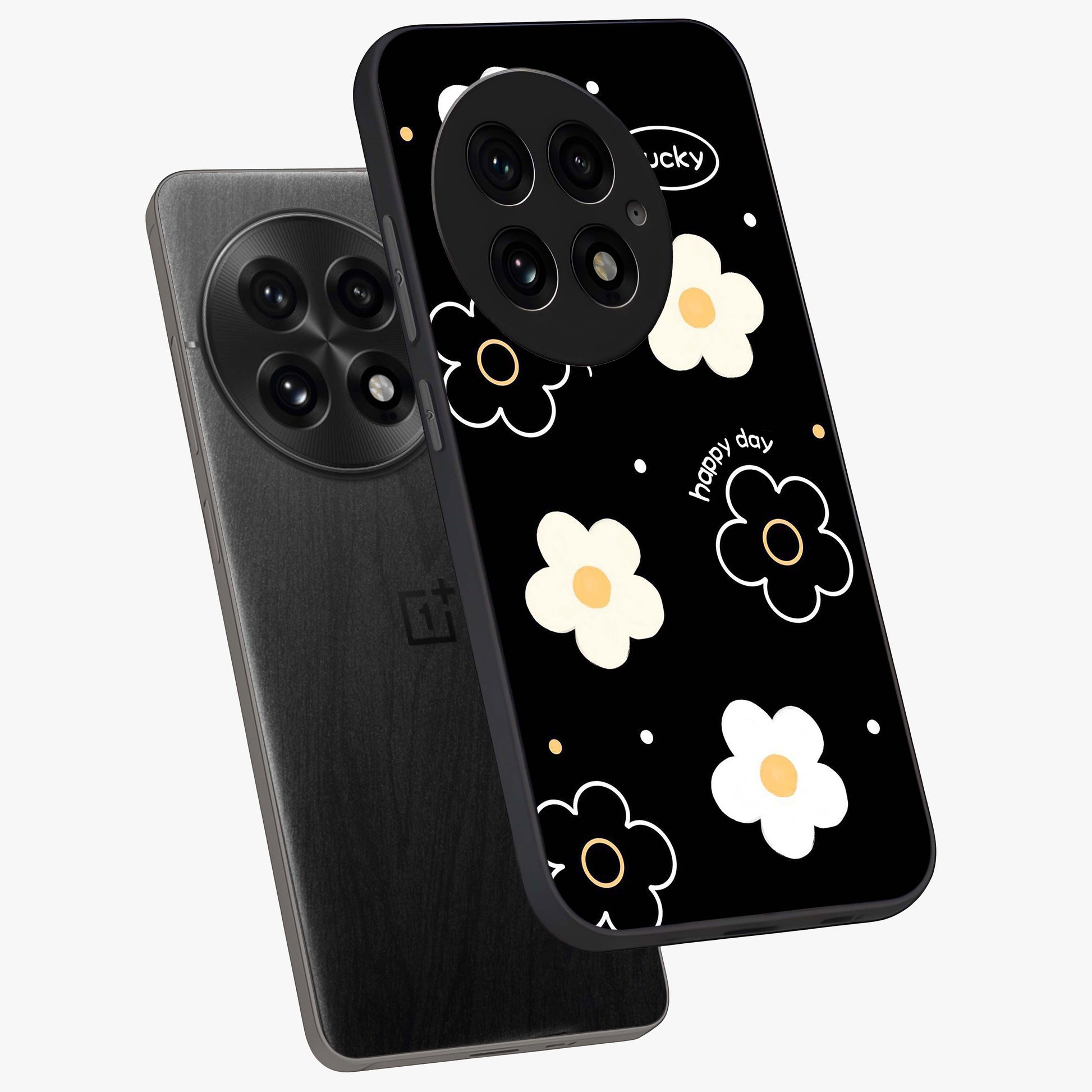 Happy Day Daisy Glass Case for 1+13 angled mockup showcasing glossy finish and vibrant bloom tones