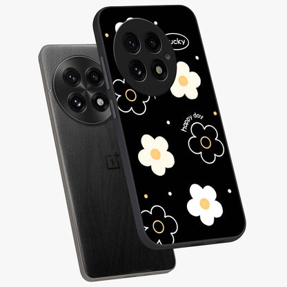 Happy Day Daisy Glass Case for 1+13 angled mockup showcasing glossy finish and vibrant bloom tones