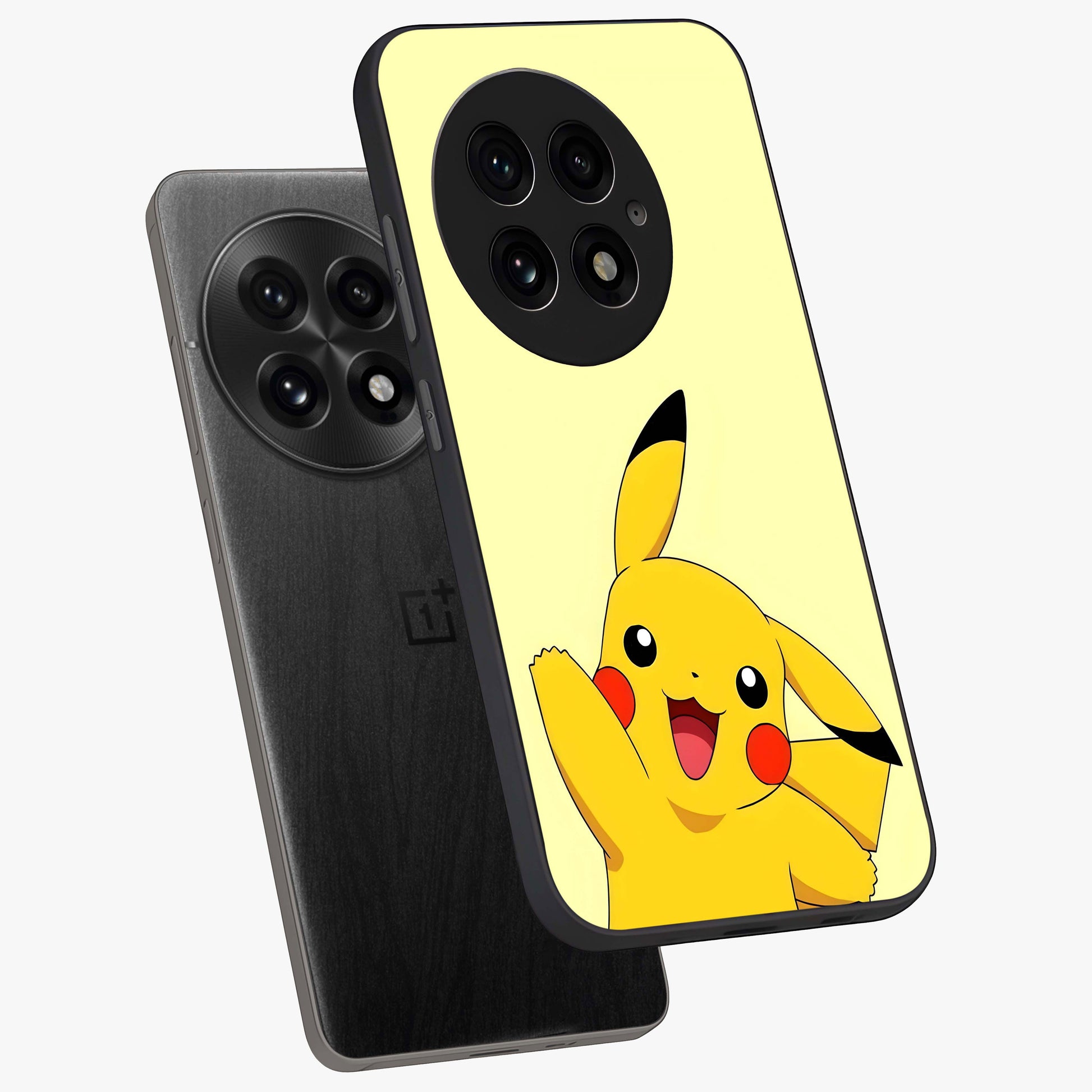 Happy Electric Pikachu Glass Case for 1+13 angled mockup showcasing glossy finish and vibrant yellow tones