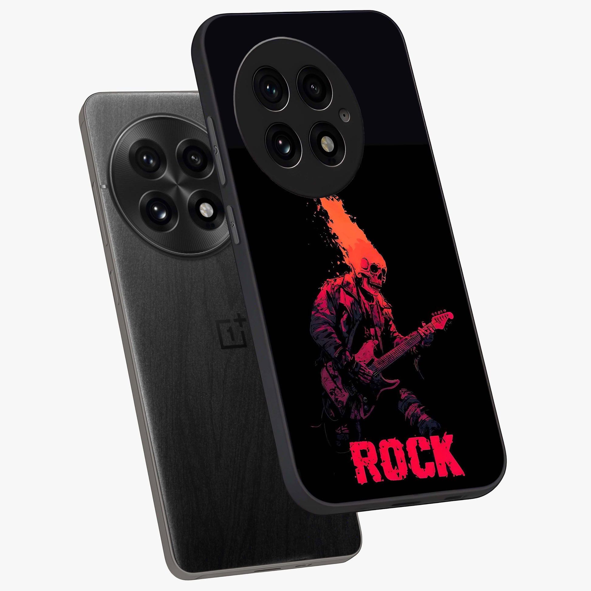 Hellfire Rock Anthem Glass Case for 1+13 captured at a warm angle highlighting bold flame tones, gloss, and edge clarity.