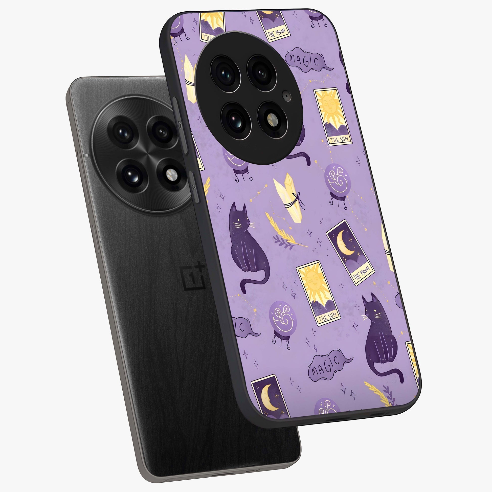 Humble Magic Cats Glass Case for 1+13 captured at a warm angle highlighting playful magical details, gloss, and edge clarity.