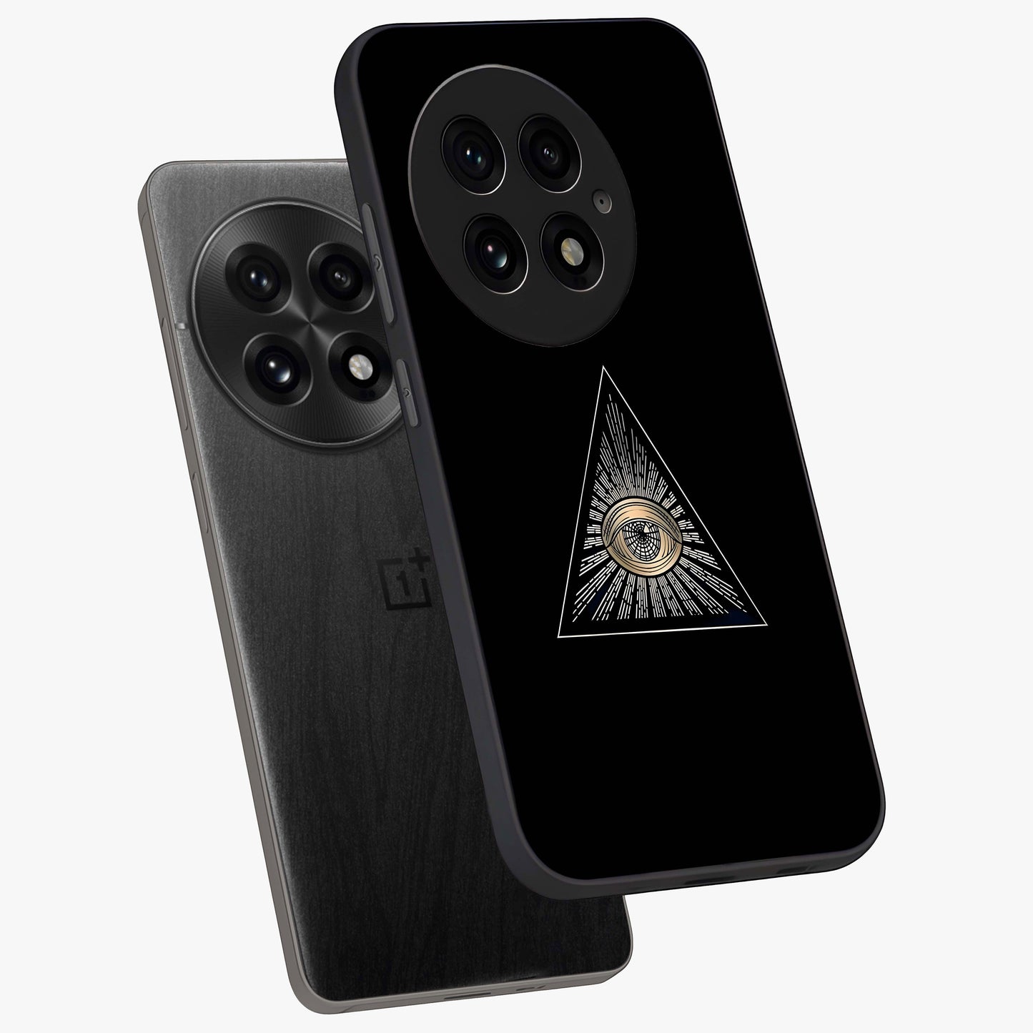 Illuminati Evil Glass Case for 1+13 captured at a warm angle highlighting sharp graphic details, gloss, and edge clarity.