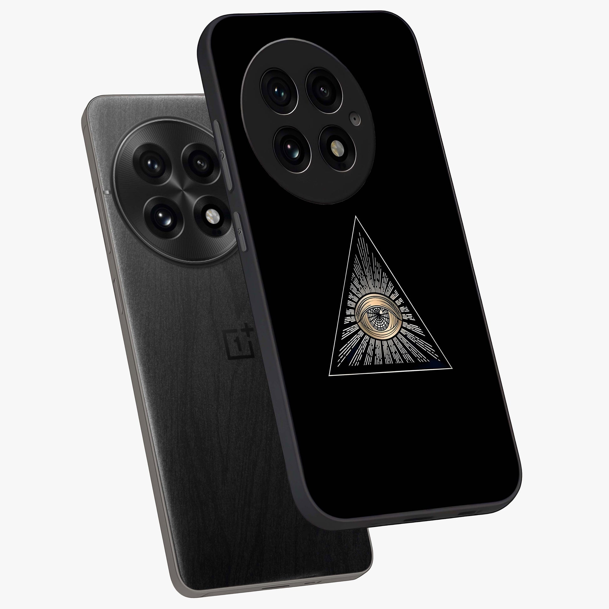 Illuminati Evil Glass Case for 1+13 captured at a warm angle highlighting sharp graphic details, gloss, and edge clarity.