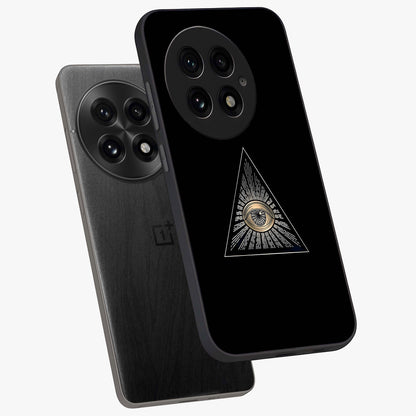 Illuminati Evil Glass Case for 1+13 captured at a warm angle highlighting sharp graphic details, gloss, and edge clarity.