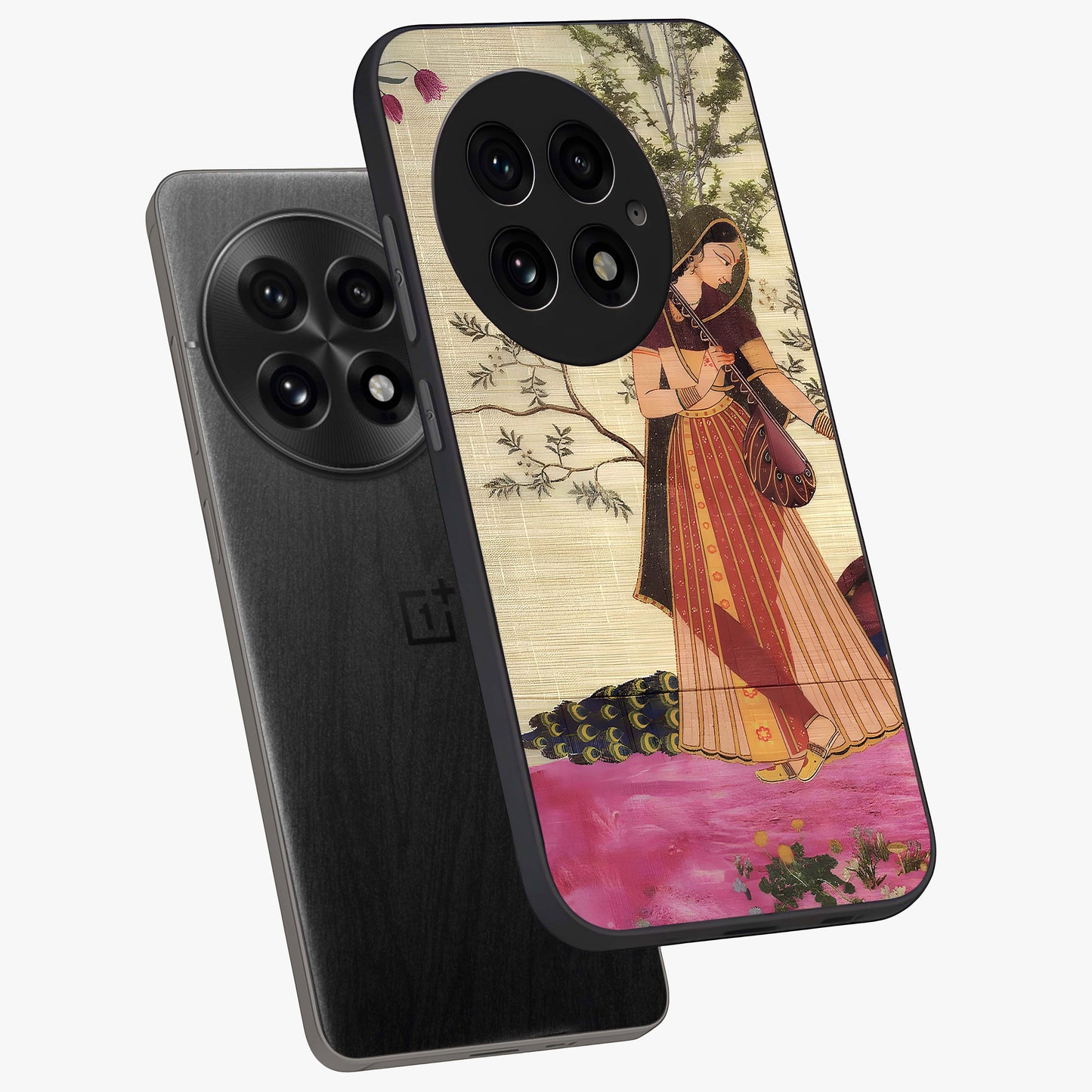 Lady With Veena Art Glass Case for 1+13 angled mockup showcasing glossy finish and refined artistic detailing