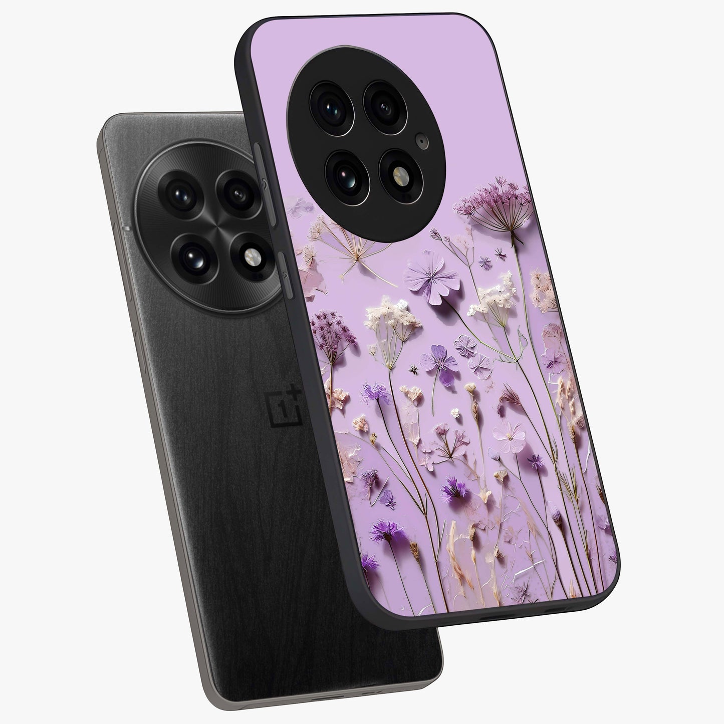 Lavender Blossom Dream Glass Case for 1+13 angled mockup showcasing glossy finish and pastel purple tones