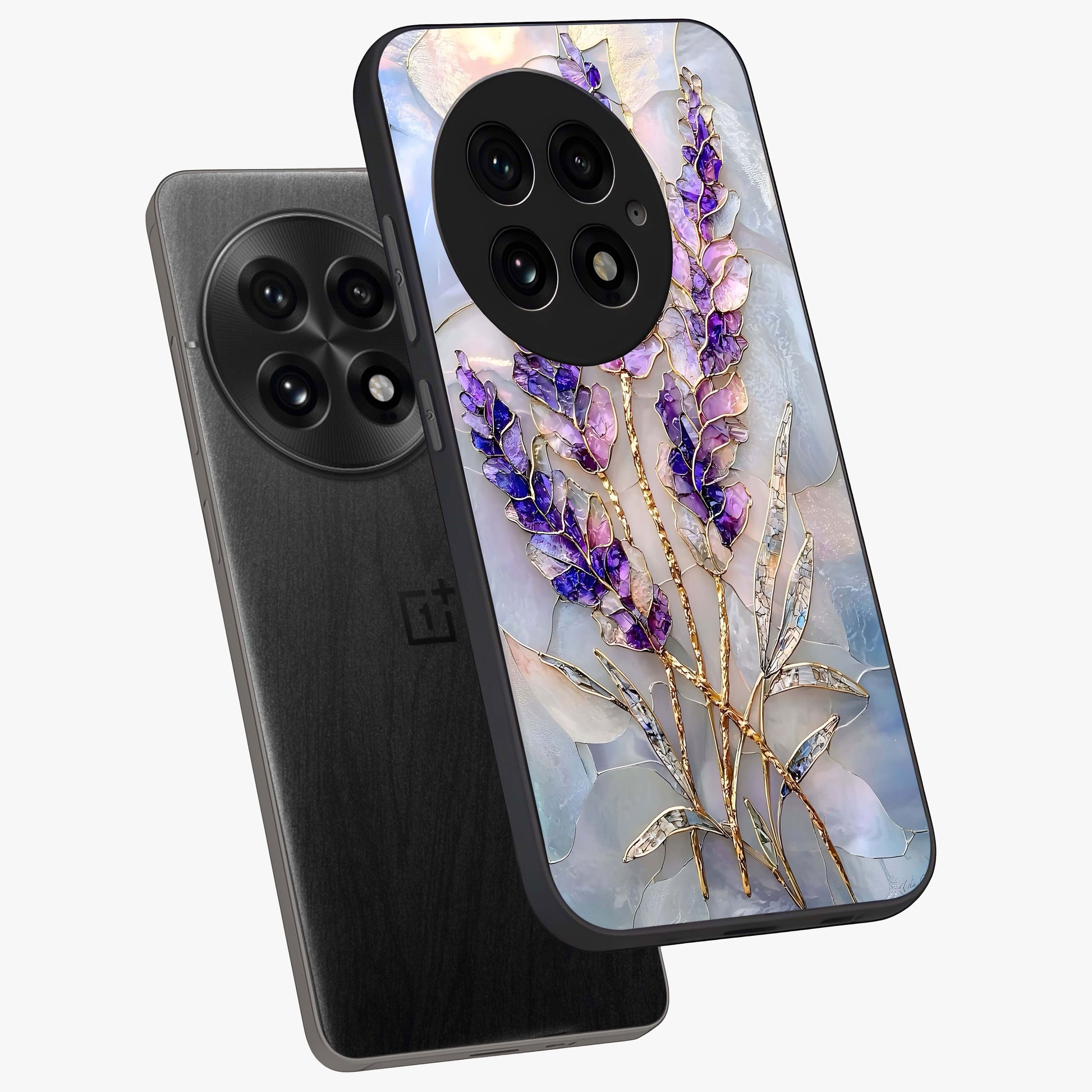 Lavender Dream Glow Glass Case for 1+13 angled mockup showcasing glossy finish and luminous purple gradients