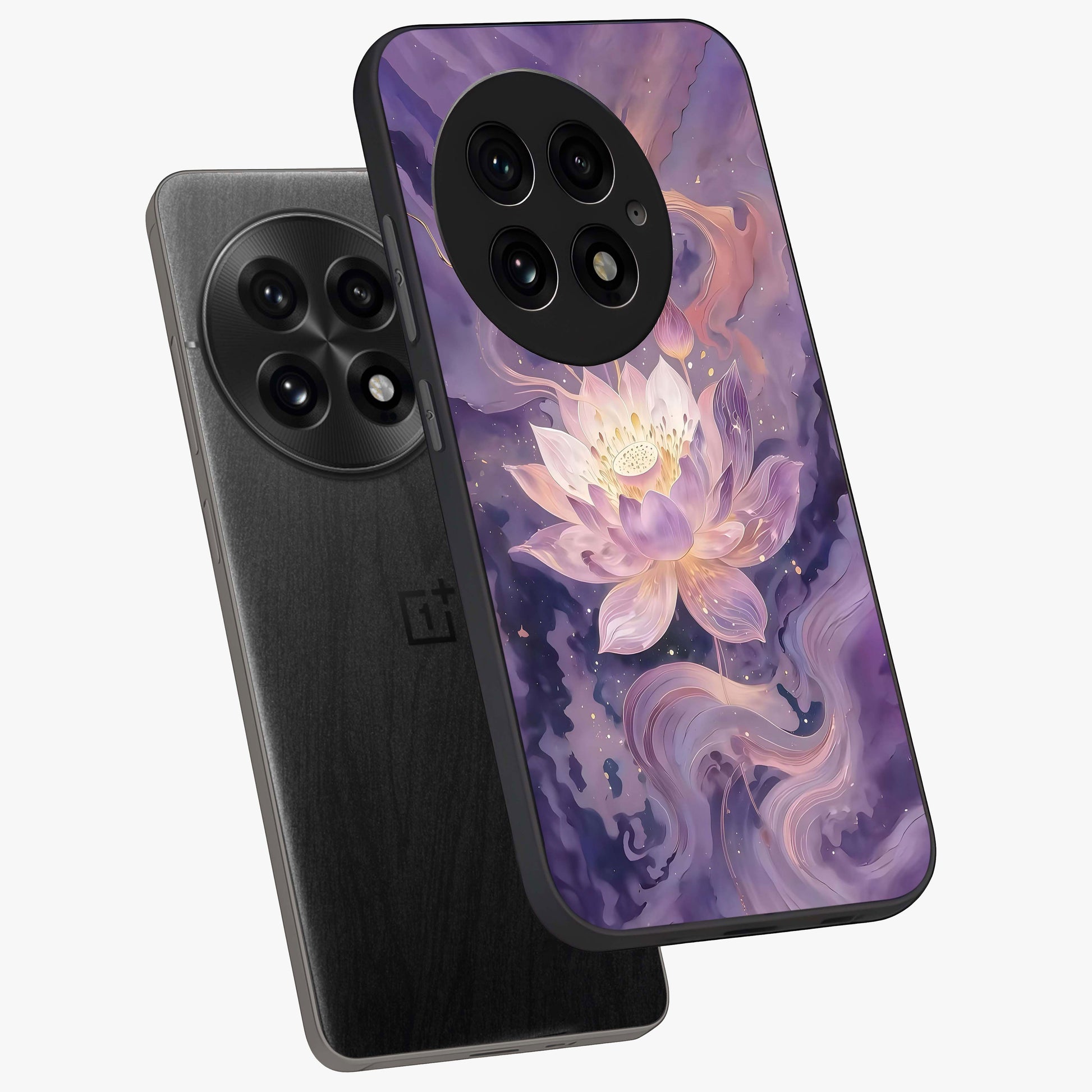 Lavender Lotus Muse Glass Case for 1+13 angled mockup showcasing glossy finish and refined floral detailing