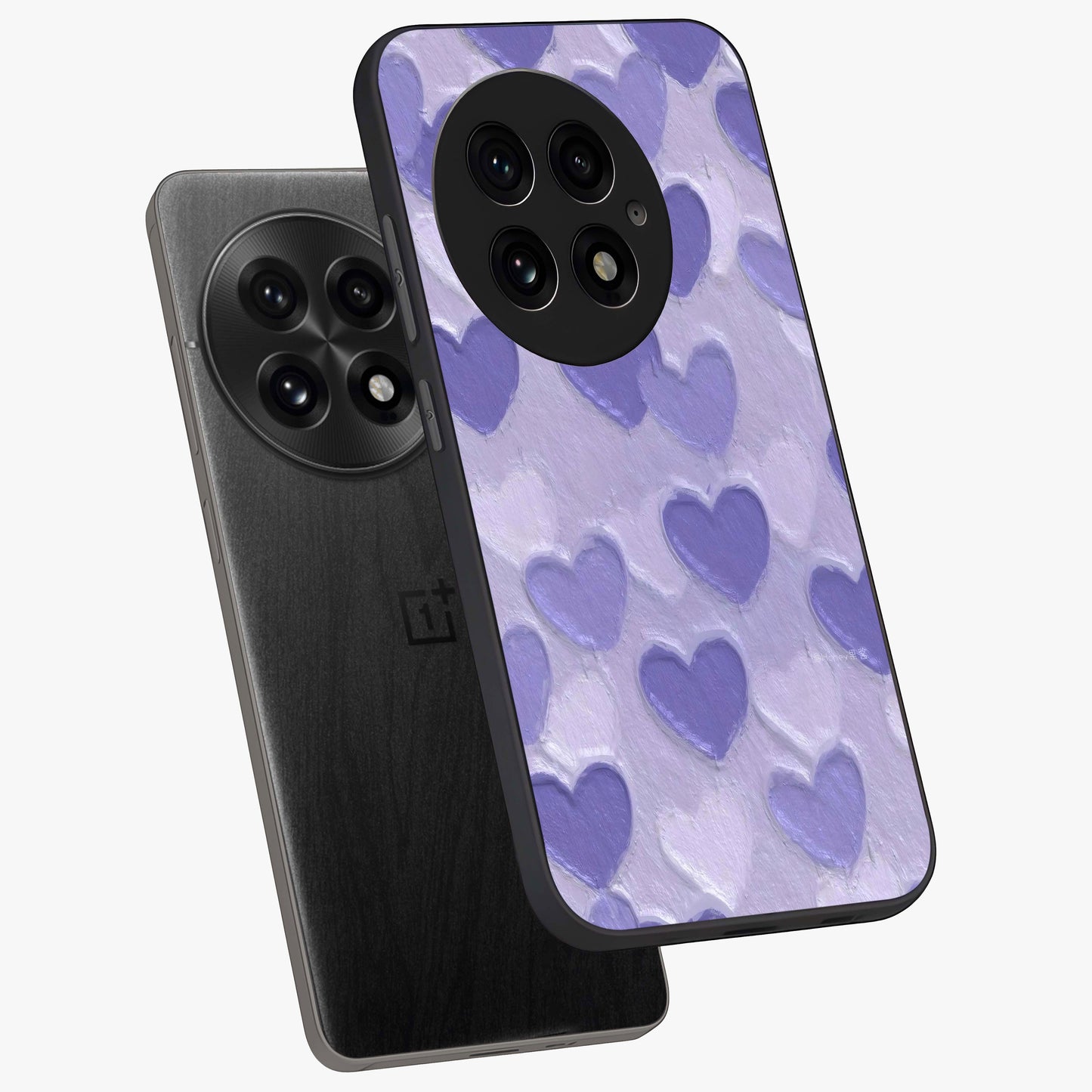 Lavender Paper Hearts Glass Case for 1+13 angled mockup showcasing glossy finish and playful pastel detailing