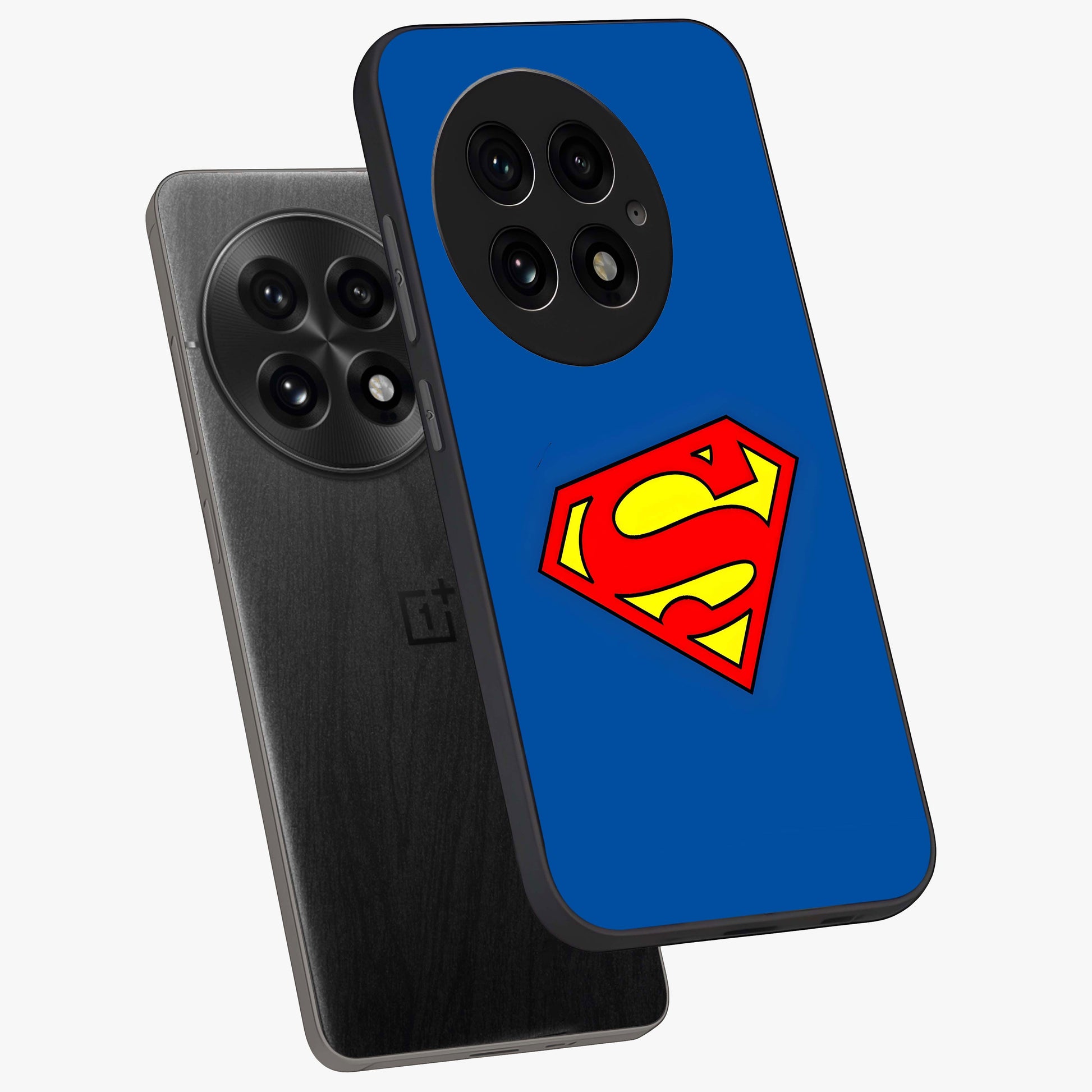 Legendary Hero Emblem Glass Case for 1+13 angled mockup showcasing glossy glass finish and strong graphic detailing