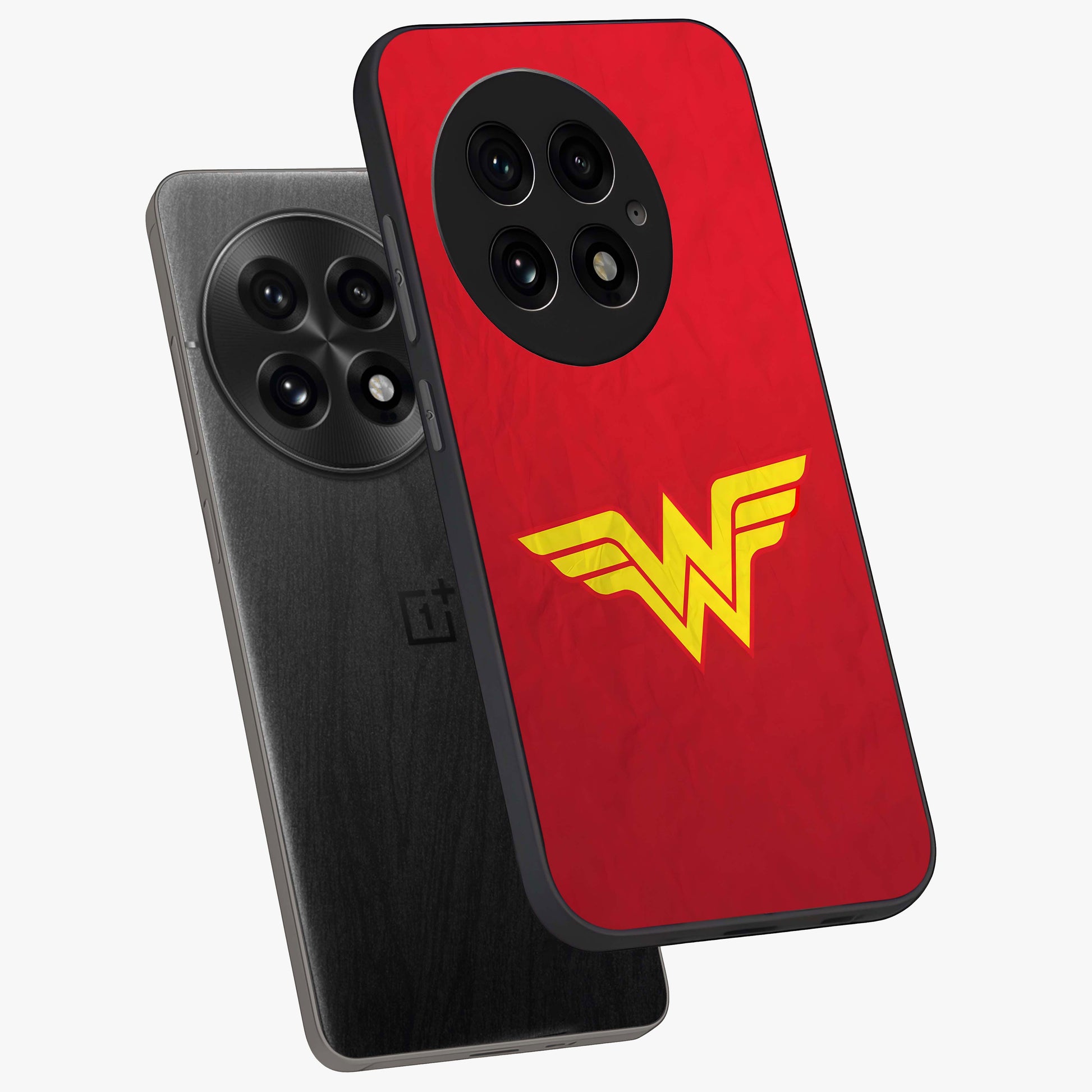 Legendary Wonder Power Glass Case for 1+13 angled mockup showcasing glossy finish and vibrant power tones