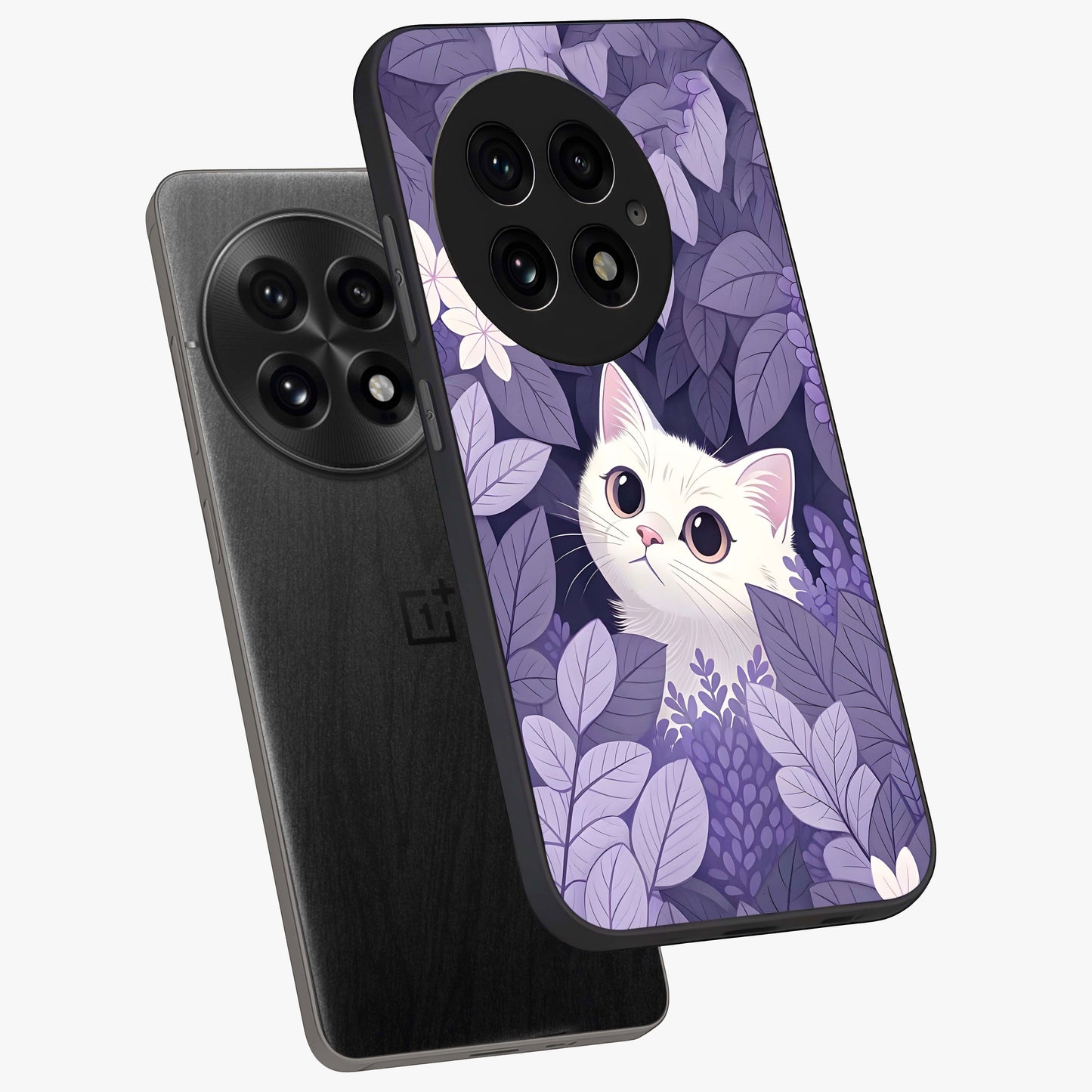 Lilac Hide Peek Cat Glass Case for 1+13 angled mockup showcasing glossy finish and cute character detailing