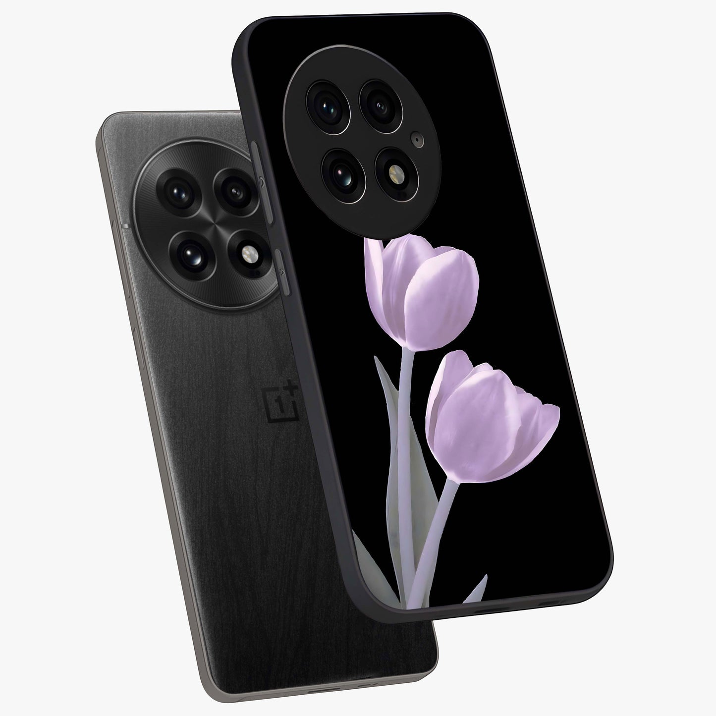Lilac Tulip Flowers Glass Case for 1+13 angled mockup showcasing glossy finish and delicate bloom detailing