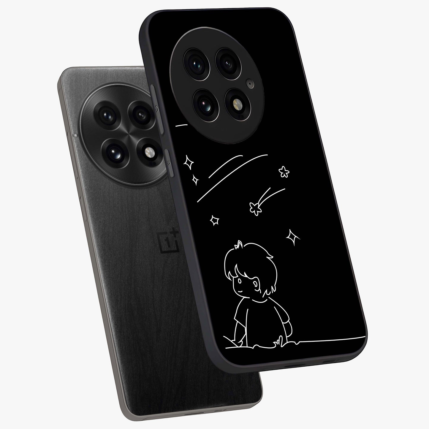 Line Art Boy With Shooting Stars Glass Case for 1+13 angled mockup showcasing glossy finish and clean monochrome detailing