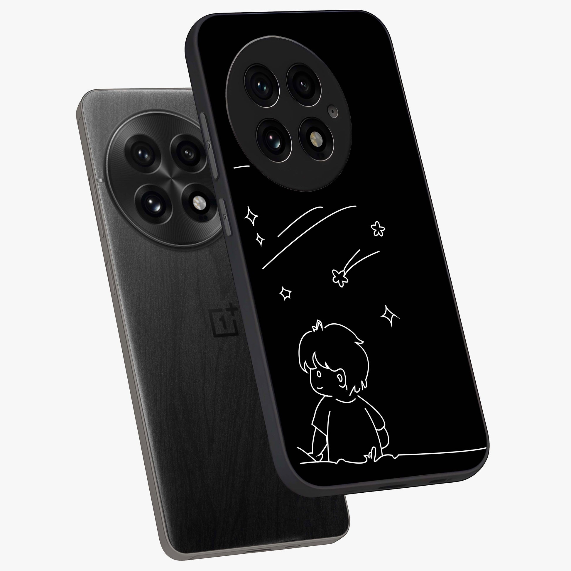 Line Art Boy With Shooting Stars Glass Case for 1+13 angled mockup showcasing glossy finish and clean monochrome detailing