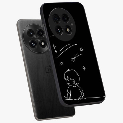 Line Art Boy With Shooting Stars Glass Case for 1+13 angled mockup showcasing glossy finish and clean monochrome detailing