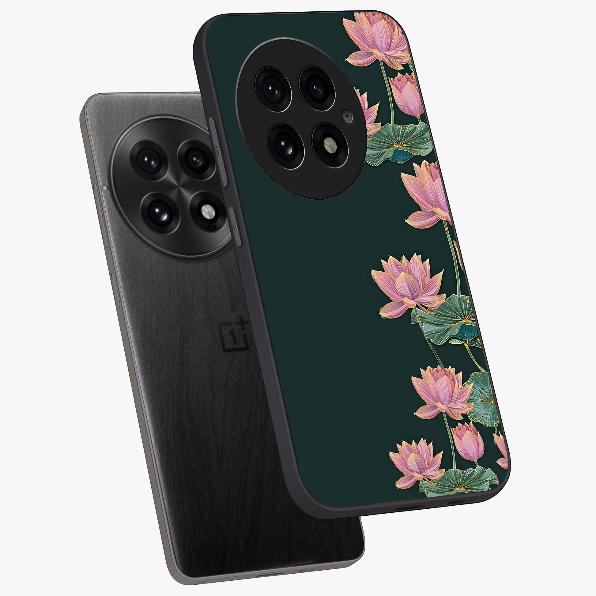 Lotus Bloom Serenity Glass Case for 1+13 angled mockup showcasing glossy glass finish and calming tones