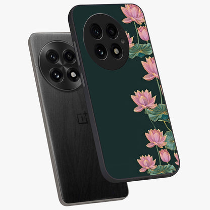 Lotus Bloom Serenity Glass Case for 1+13 angled mockup showcasing glossy glass finish and calming tones