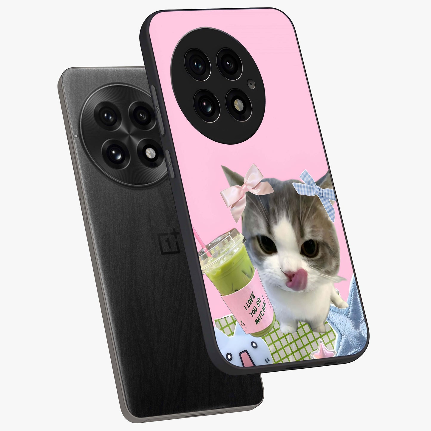 Love Matcha Cat Glass Case for 1+13 angled mockup showcasing glossy finish and playful pastel tones