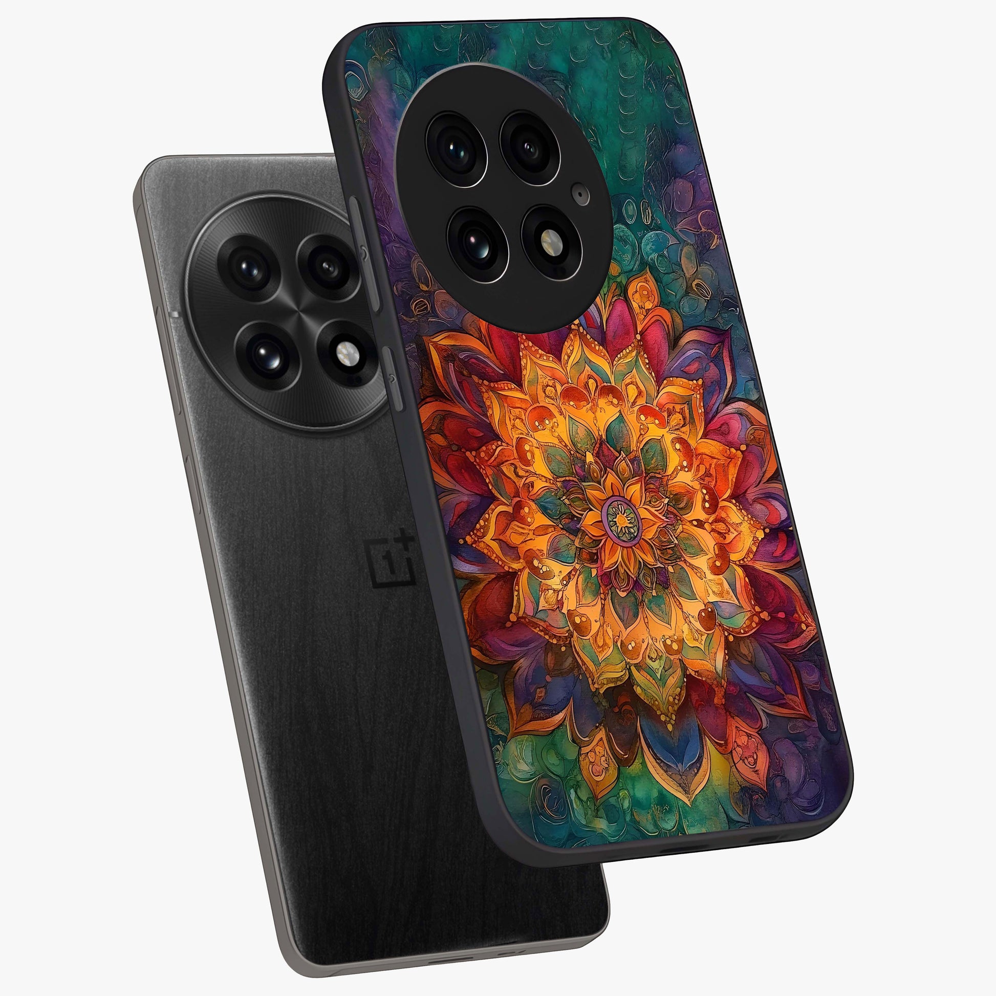 Mandala Vibrants Glass Case for 1+13 angled mockup showcasing glossy finish and intricate geometric detailing