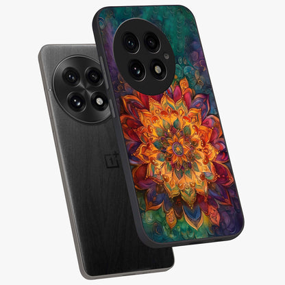 Mandala Vibrants Glass Case for 1+13 angled mockup showcasing glossy finish and intricate geometric detailing