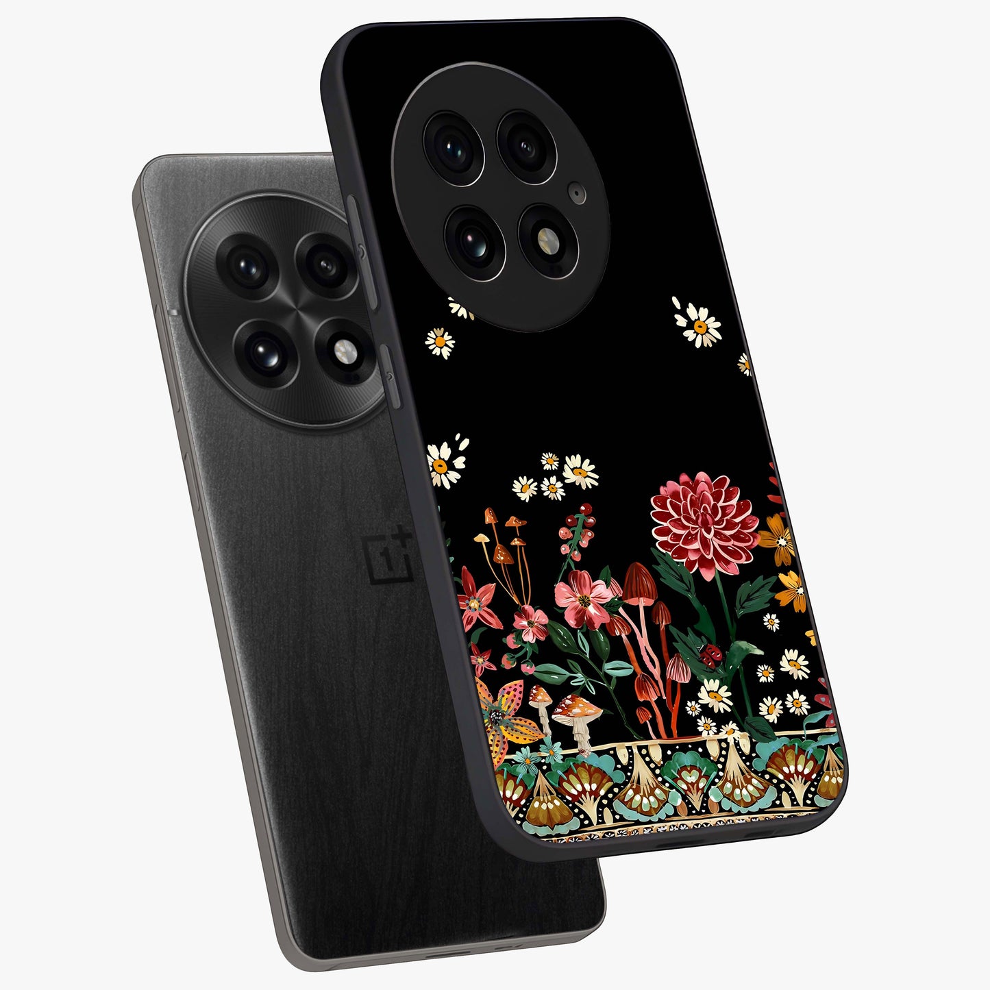 Midnight Bloom Pattern Glass Case for 1+13 angled mockup showcasing glossy finish and rich bloom detailing
