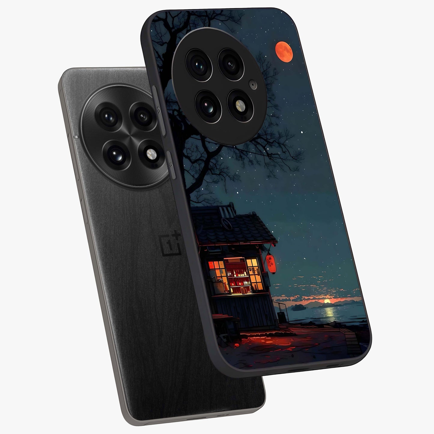 Midnight Lantern Glow Glass Case for 1+13 angled mockup showcasing glossy finish and warm luminous tones