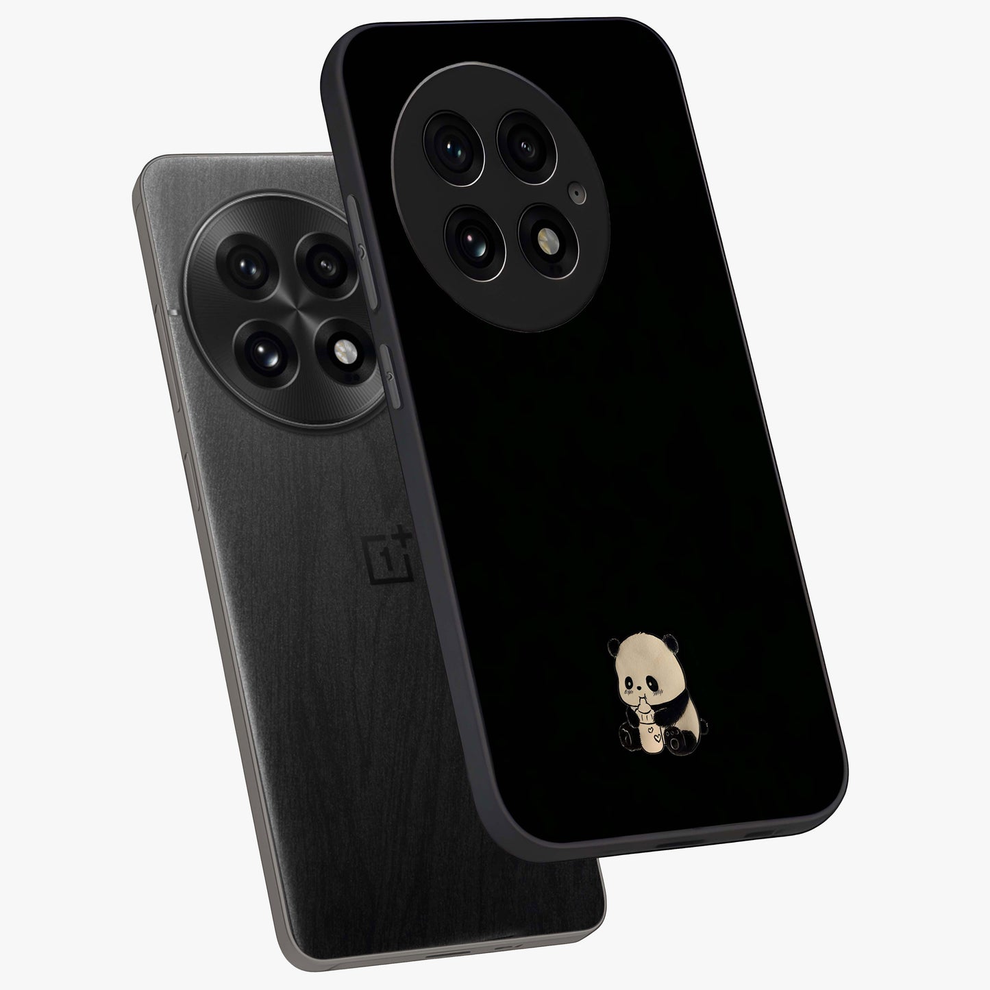Midnight Panda Love Glass Case for 1+13 angled mockup showcasing glossy finish and soft contrast tones