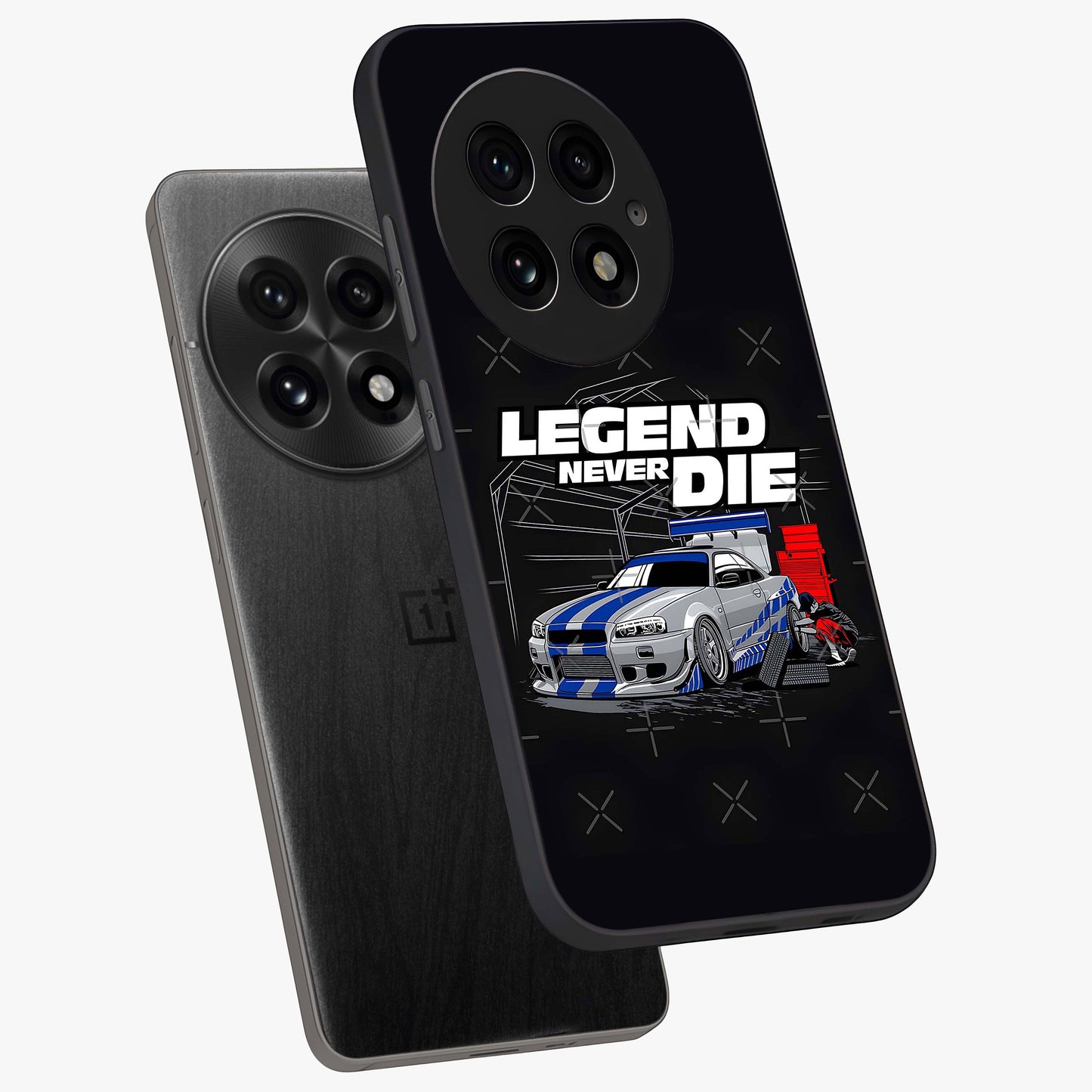 Midnight Racing Legacy Glass Case for 1+13 angled mockup showcasing glossy glass finish and dynamic motion detailing