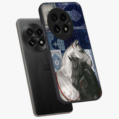 Midnight Stallion Blues Glass Case for 1+13 angled mockup showcasing glossy finish and dramatic equestrian detailing