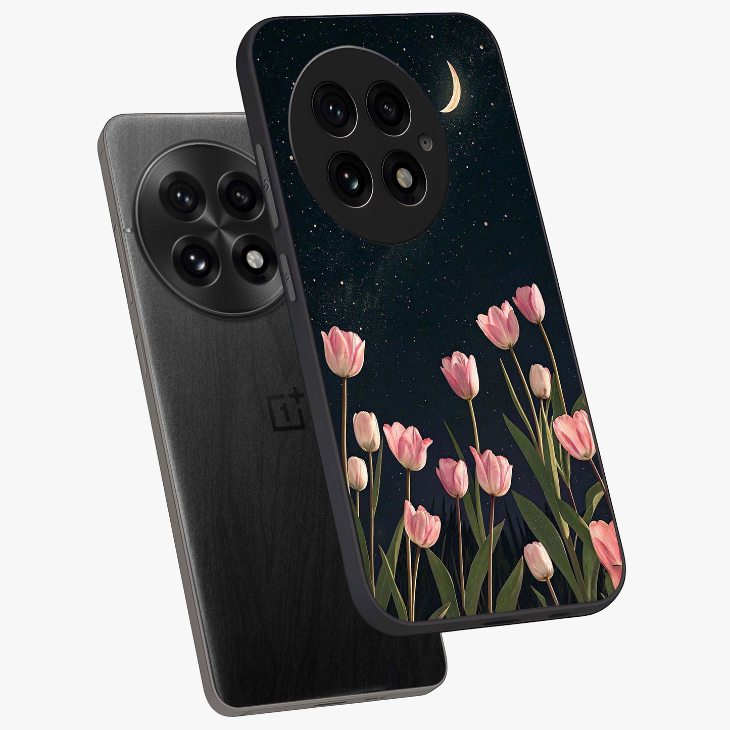 Midnight Tulip Whispers Vibe Glass Case for 1+13 angled mockup showcasing glossy finish and subtle bloom detailing
