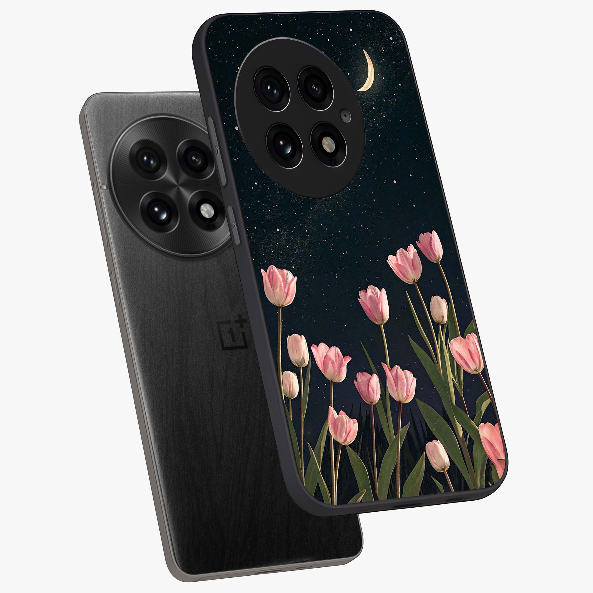 Midnight Tulip Whispers Vibe Glass Case for 1+13 angled mockup showcasing glossy finish and subtle bloom detailing