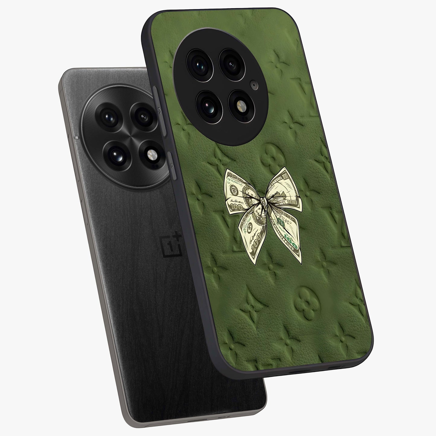 Money Bow Lv Glass Case for 1+13 angled mockup showcasing glossy finish and premium aesthetic detailing