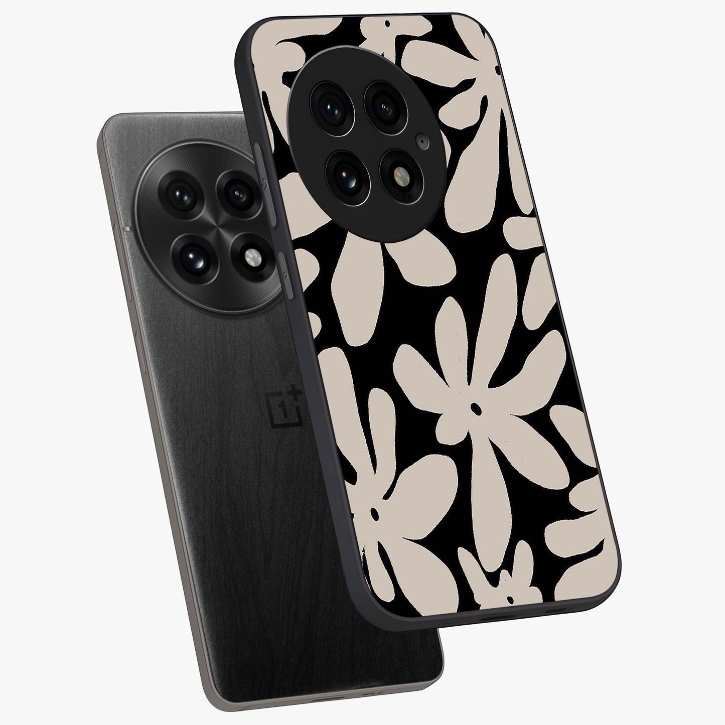 Monochrome Petal Dance Glass Case for 1+13 angled mockup showcasing glossy finish and elegant contrast detailing