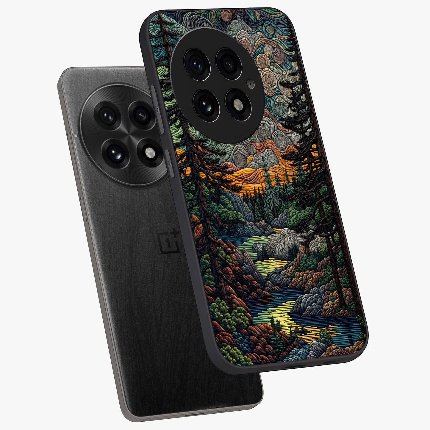 Moonlight Forest Dream Glass Case for 1+13 angled mockup showcasing glossy finish and deep night gradients